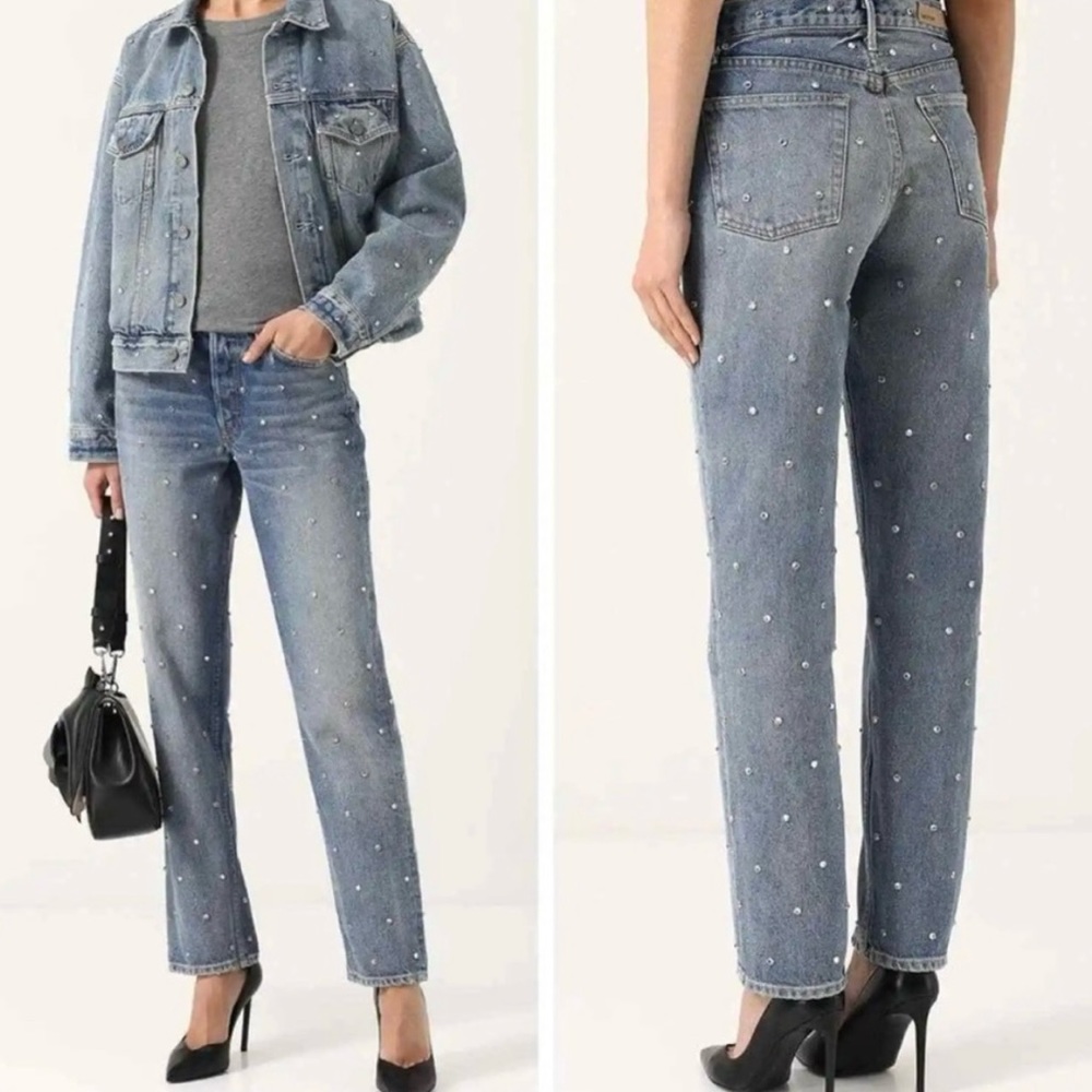 Revolve GRLFRND Helena Straight High Rise Jean Prism Crystals Rhinestones Rigid